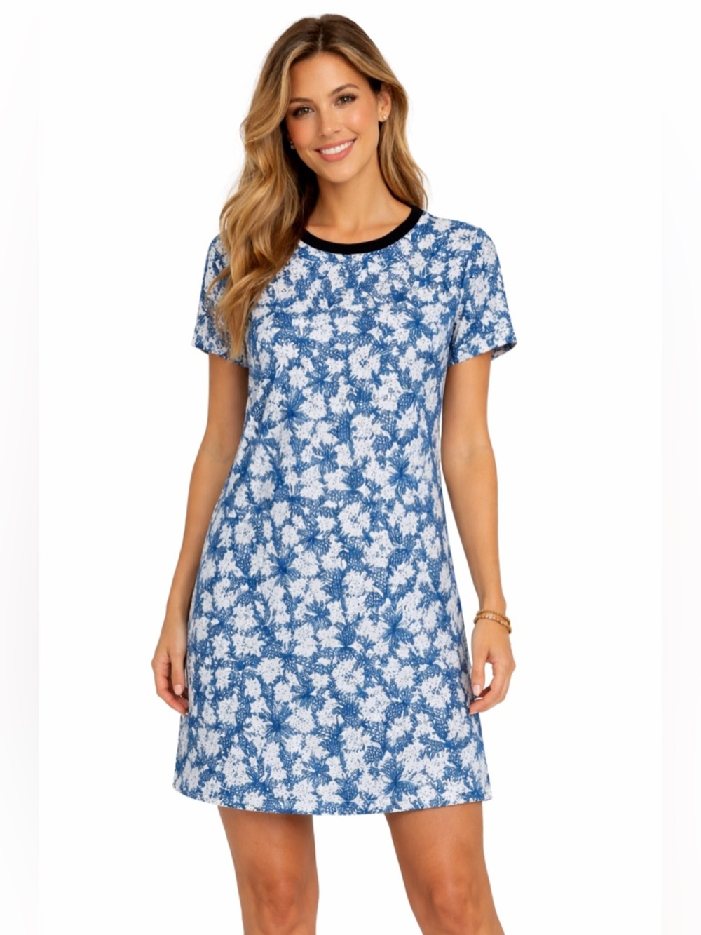 Marabelle Blue White Pineapple Print Shift Dress Medium Tropical Summer Dress